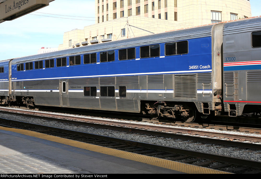 Amtrak superliner coach AMTK #34951 in Surfliner colors.